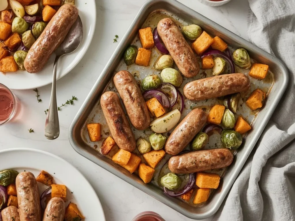 Sheet-pan chicken sausage with roasted butternut squash, Brussels sprouts and apples
