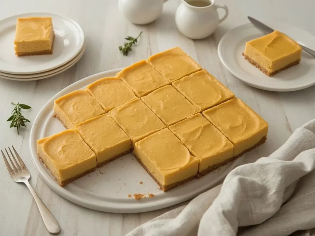 Pumpkin cheesecake bars with graham crust on a large platter