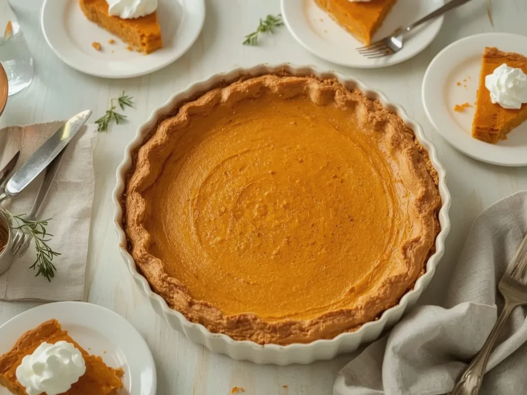 Pumpkin slab pie in a jelly roll pan cut into squares with whipped cream