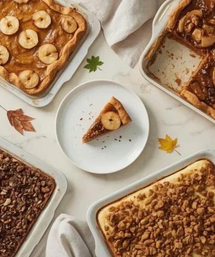 Sheet pan Thanksgiving desserts for a crowd with slab pies, chocolate sheet cake, crisp and cheesecake bars