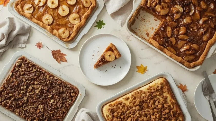 Sheet pan Thanksgiving desserts for a crowd with slab pies, chocolate sheet cake, crisp and cheesecake bars
