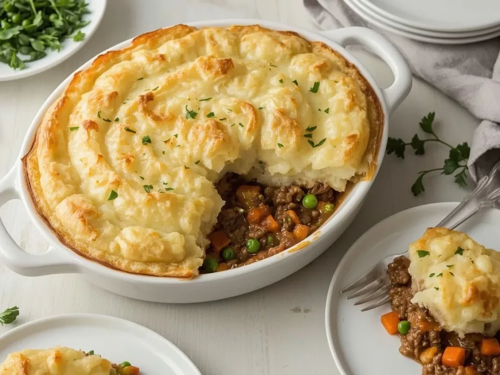 Shepherd's pie with golden mashed potato topping and lamb filling