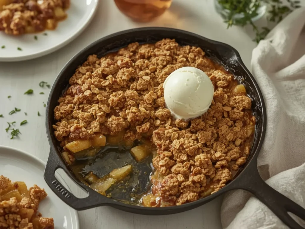 Skillet apple crisp with oat topping and a scoop of vanilla ice cream