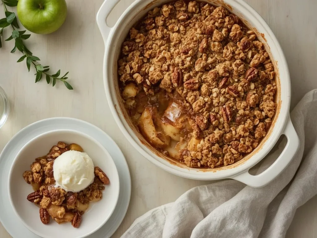 Slow cooker apple crisp with oat pecan topping and ice cream