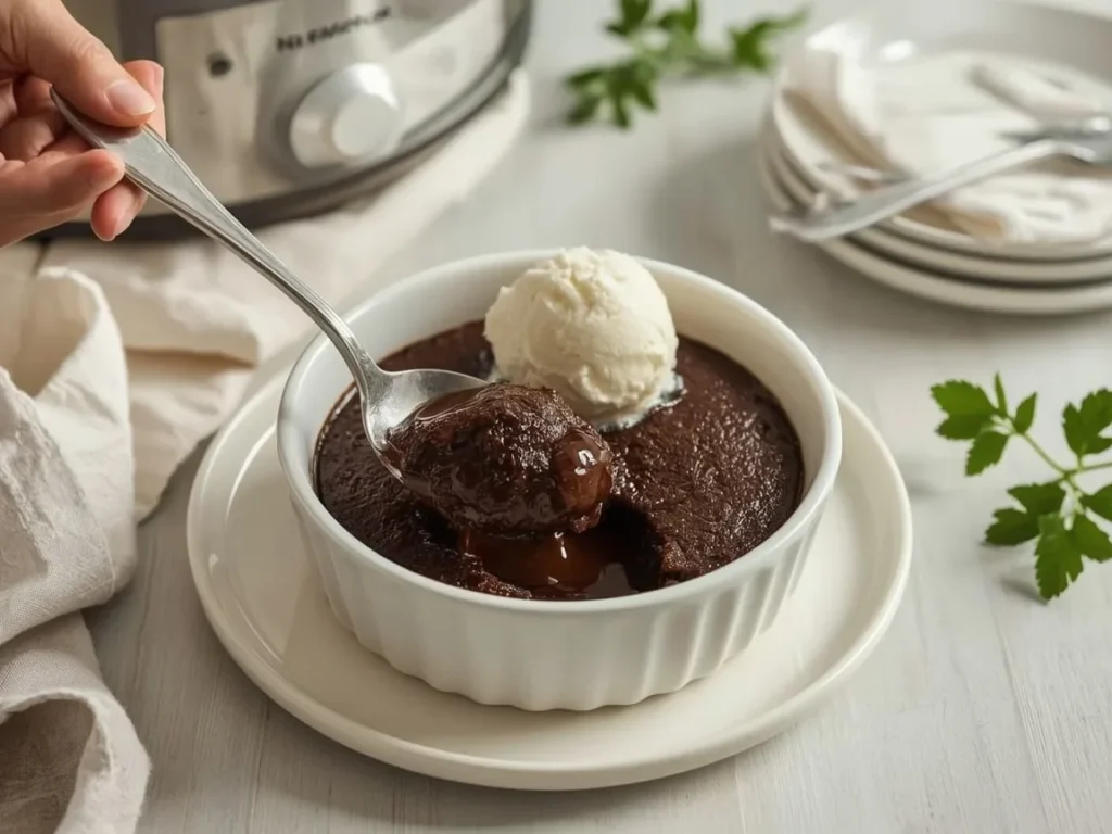Slow cooker chocolate lava cake with sauce and vanilla ice cream