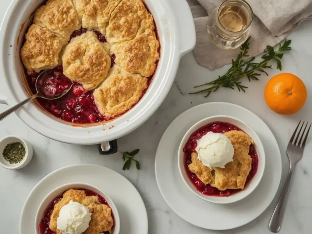 Slow cooker cranberry orange cobbler with biscuit topping