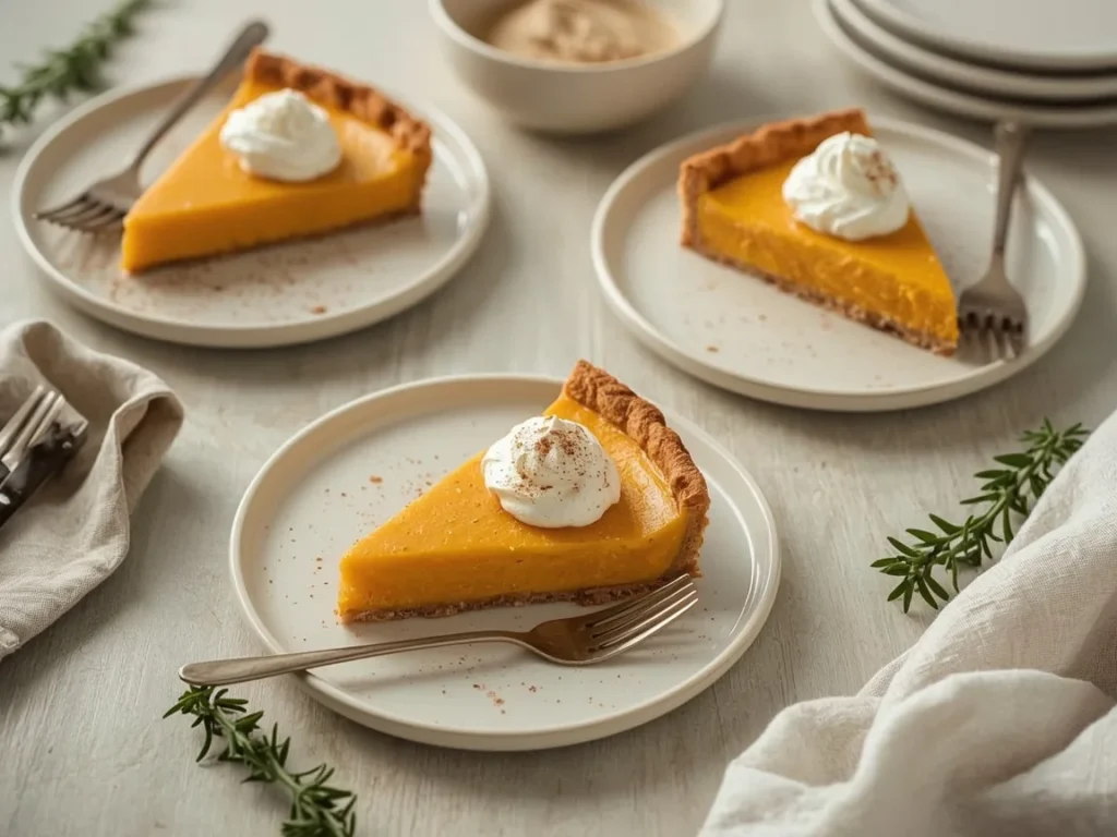 Slices of slow cooker crustless pumpkin pie with whipped cream