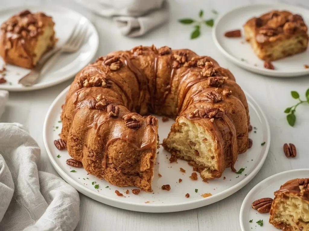 Maple pecan monkey bread with caramel and pecans on a platter
