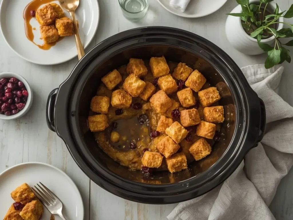Slow cooker pumpkin bread pudding with cranberries and caramel