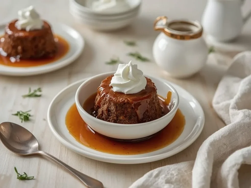 Sticky toffee pudding with glossy toffee sauce and cream