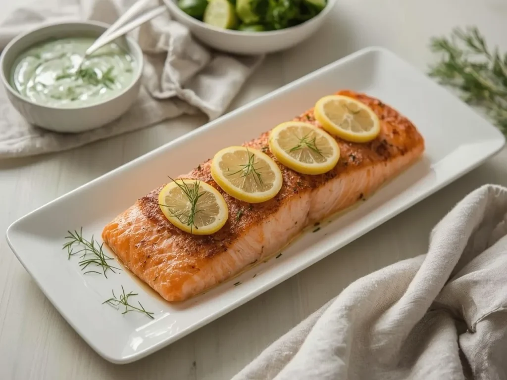 Slow-roasted side of salmon with lemon slices, dill and cucumber dill sauce