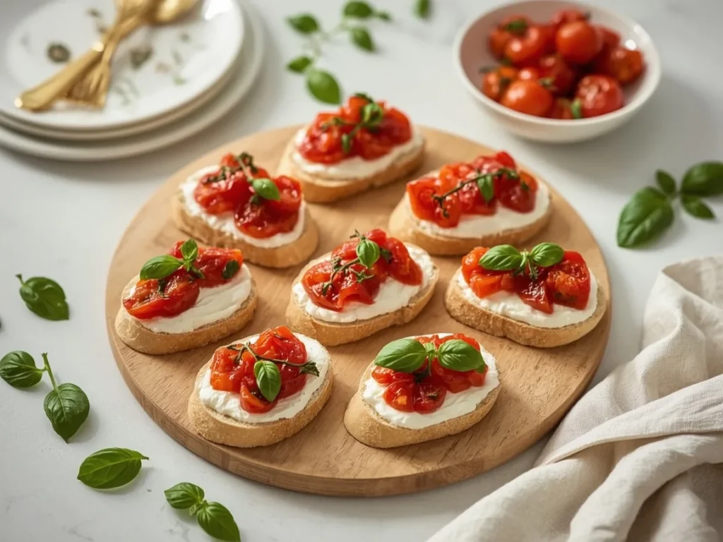 Slow-roasted tomato crostini with whipped ricotta and basil on a wooden board