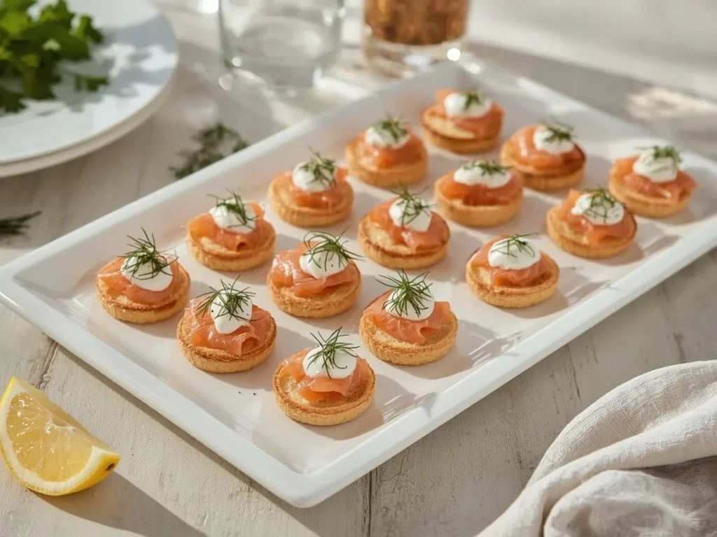 Smoked salmon blini with crème fraîche and dill on a white platter