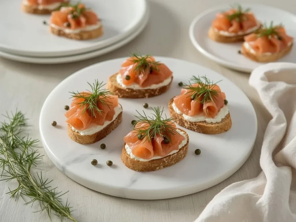 Smoked salmon crostini with dill cream cheese and capers on a marble board