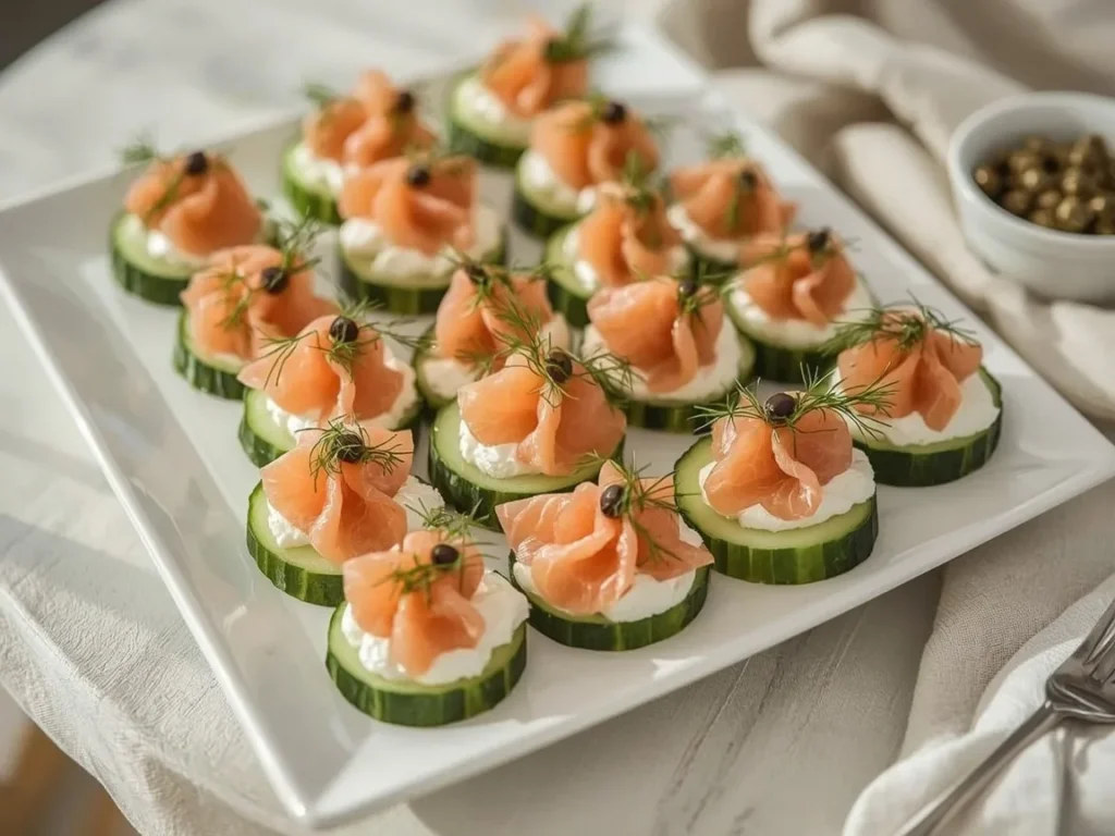 Cucumber rounds topped with herbed cream cheese, smoked salmon and dill