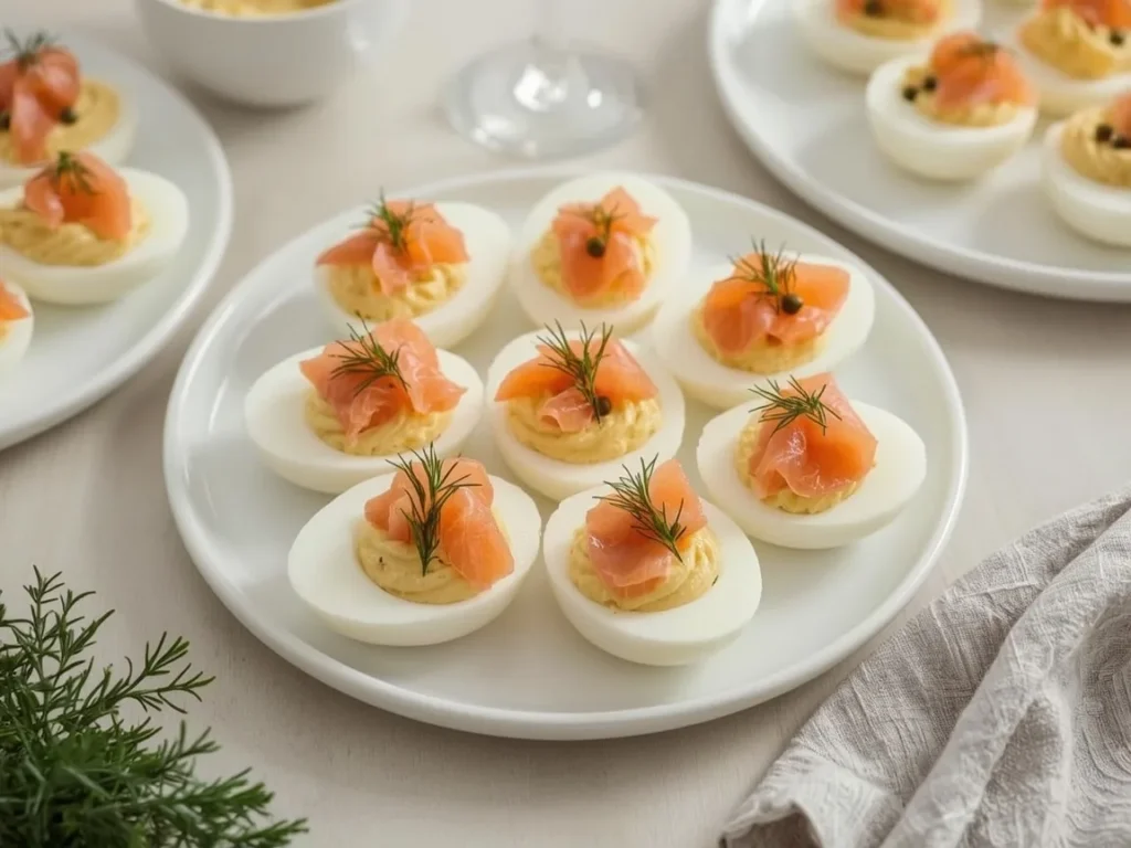 Smoked salmon deviled eggs topped with capers and dill on a white platter