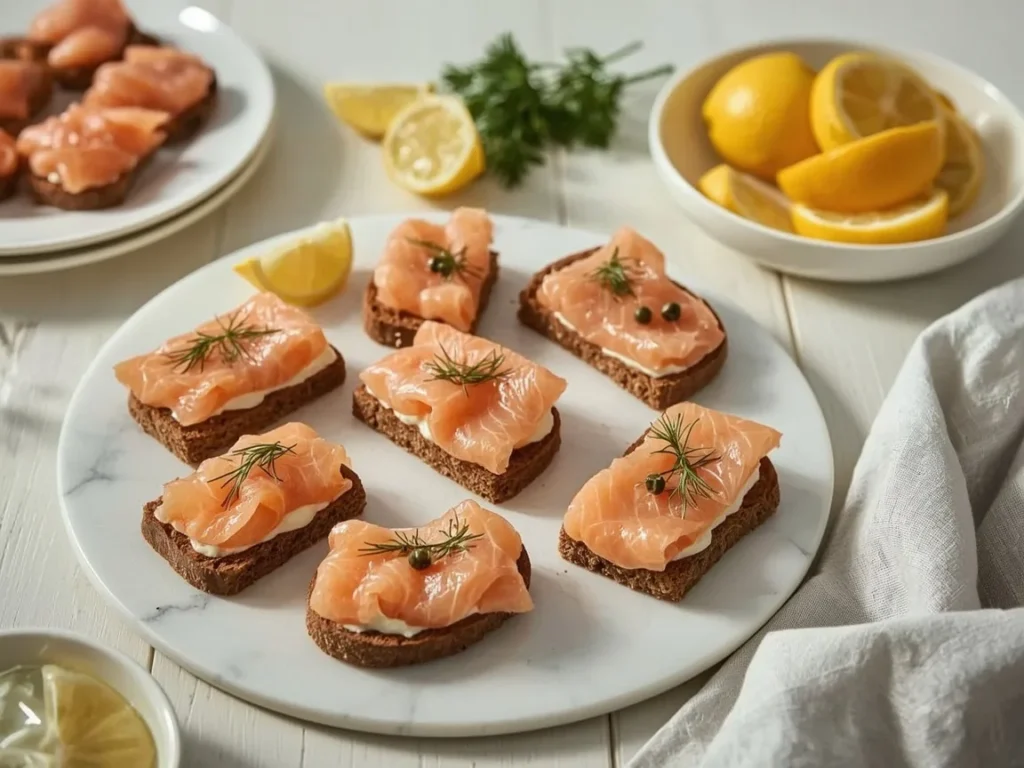 Smoked salmon toasts on pumpernickel with crème fraîche, capers and dill