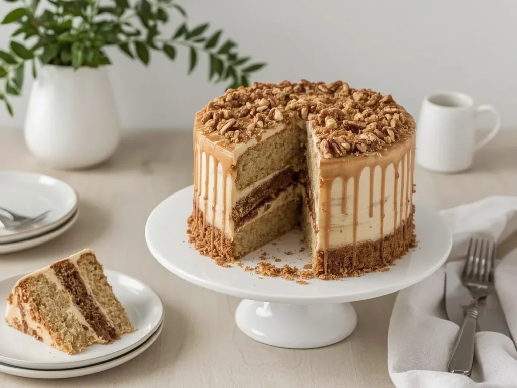 Sour cream coffee cake with streusel and glaze, slice showing cinnamon swirl