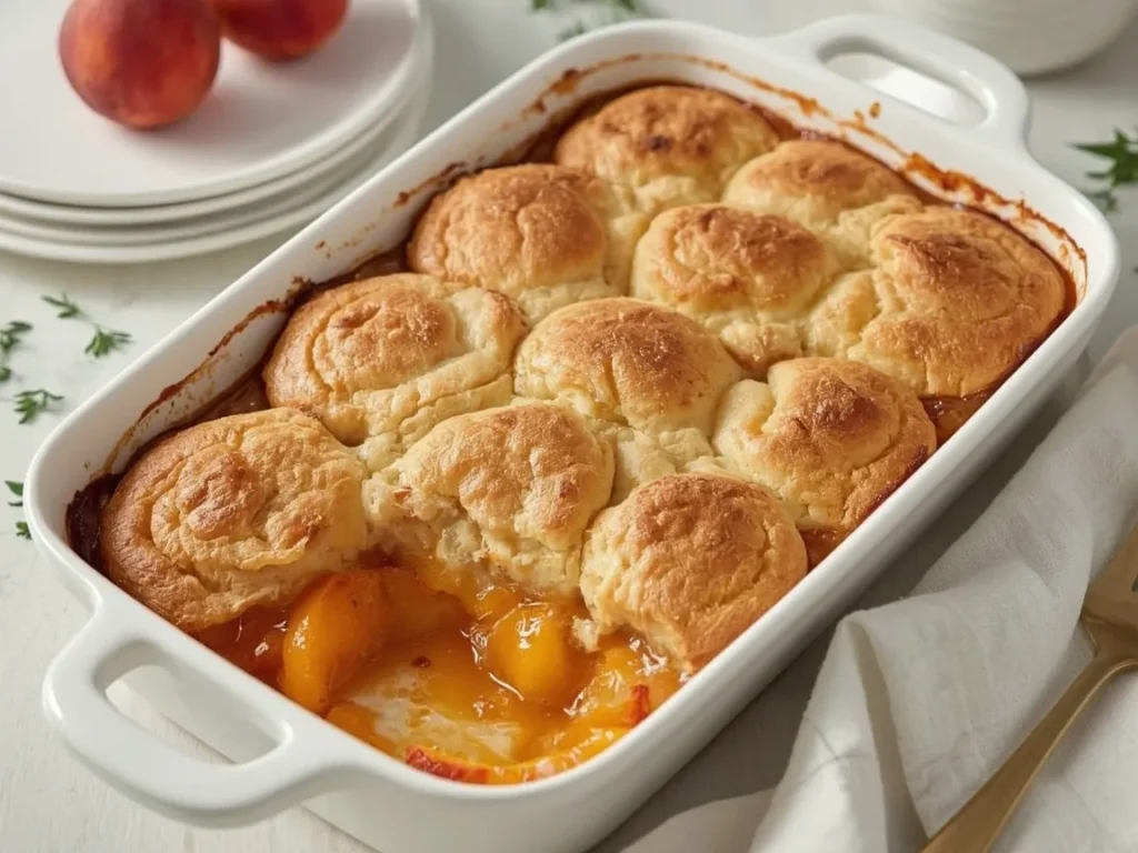 Southern peach cobbler with golden topping and cinnamon peaches