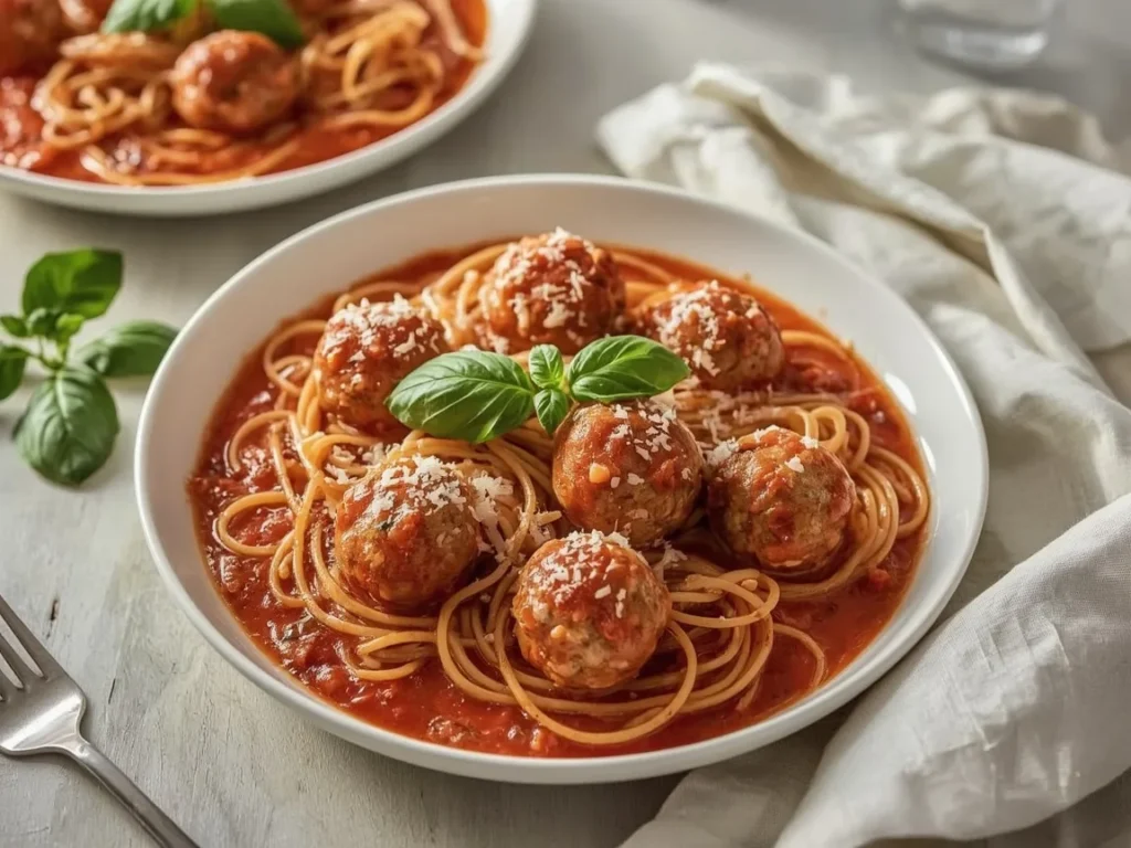Spaghetti and meatballs with tomato sauce, parmesan and basil