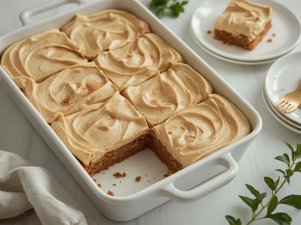 Spice sheet cake with brown butter frosting cut into squares
