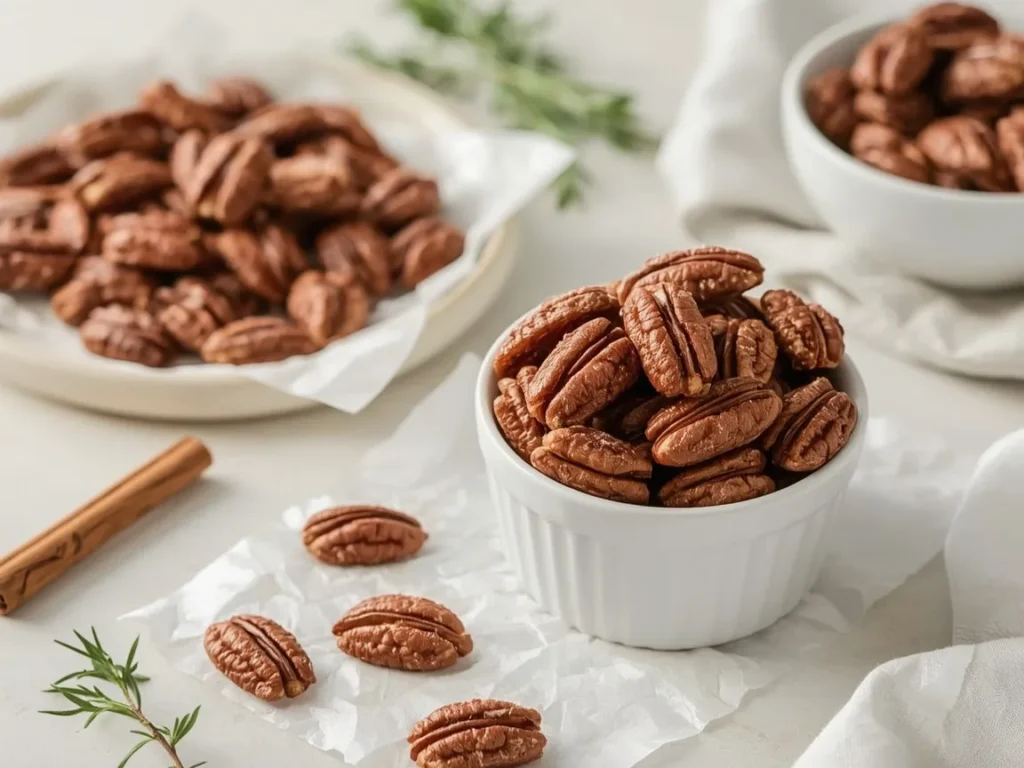 Spiced candied pecans in a white bowl with a cinnamon stick