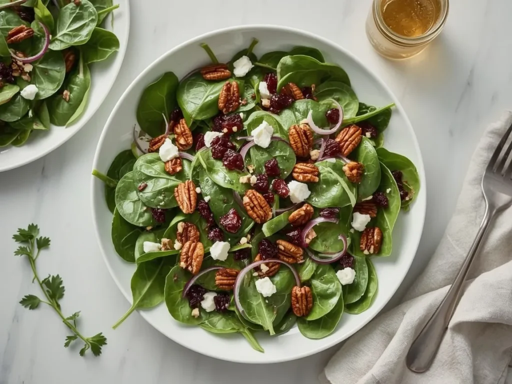 Spinach salad with cranberries, pecans and goat cheese