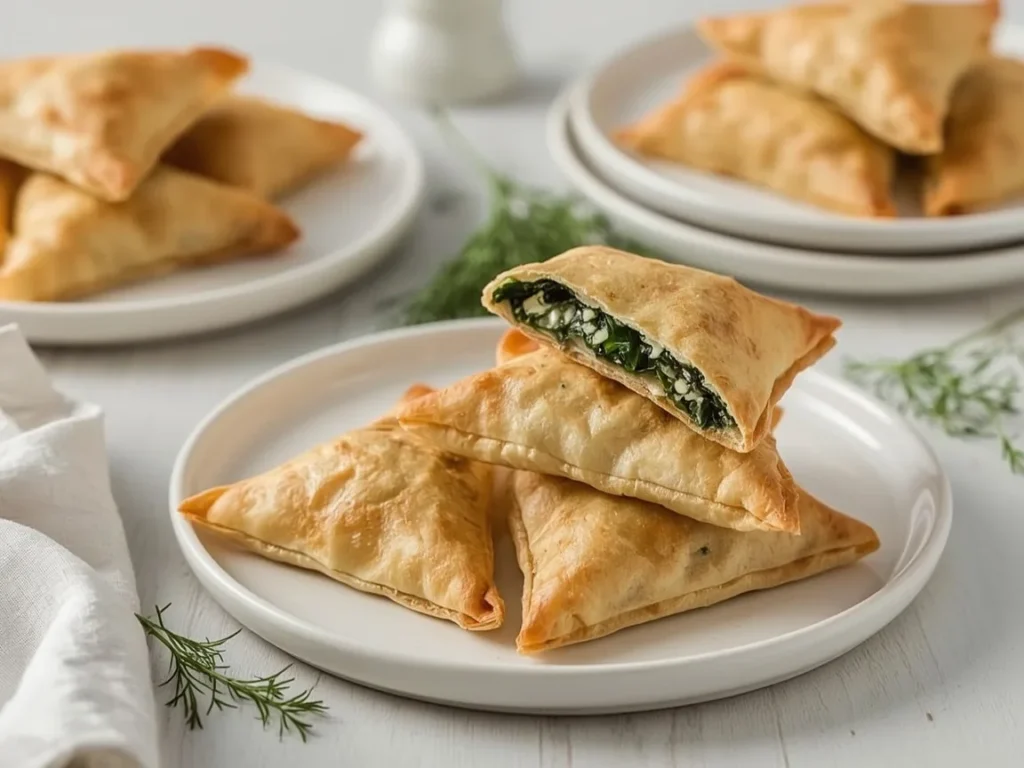 Golden spinach and feta phyllo triangles on a white platter