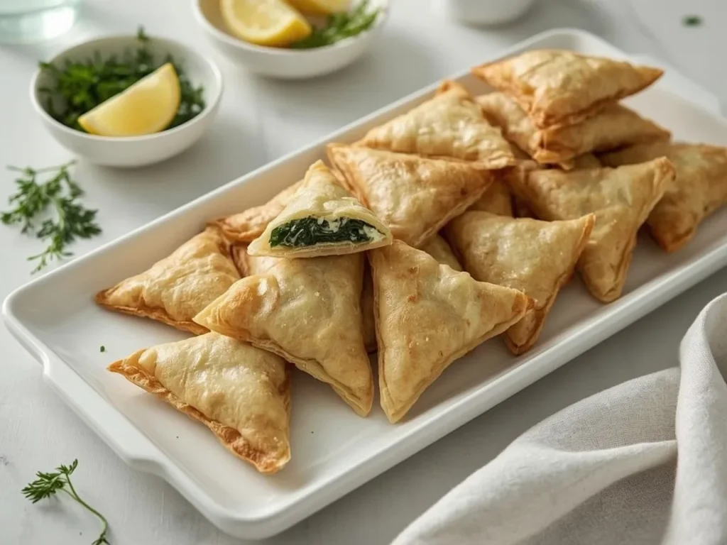 Spinach and feta phyllo triangles on a white platter with dill and lemon