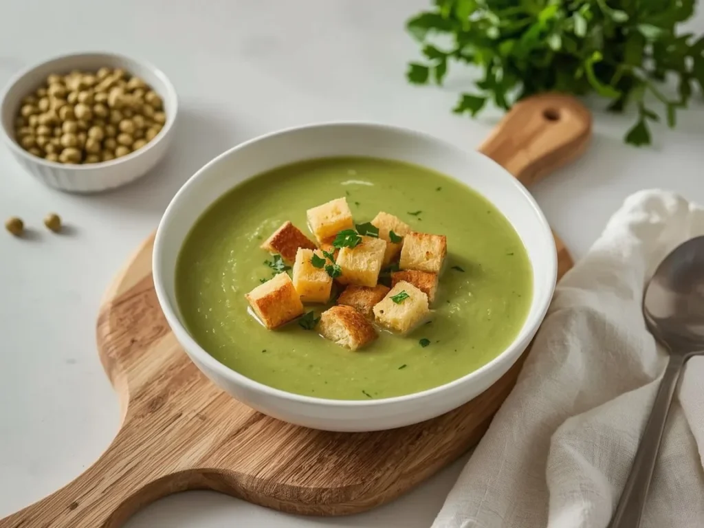 Split pea soup topped with croutons and parsley