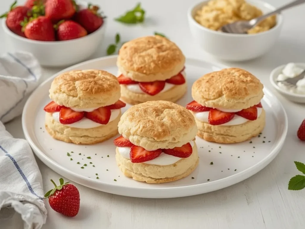 Strawberry shortcakes with biscuits, sliced strawberries and whipped cream