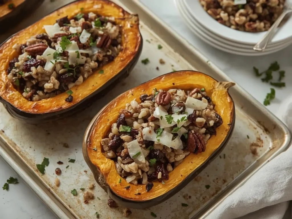 Stuffed butternut squash halves with wild rice and cranberries