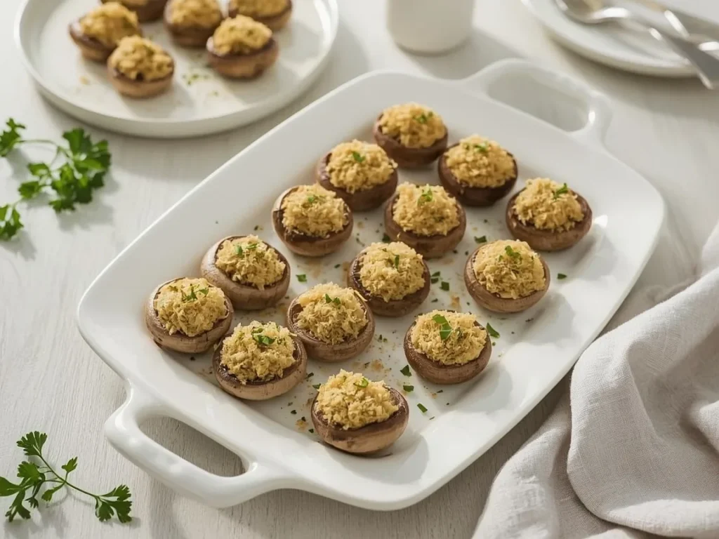 Stuffed mushrooms with golden Parmesan herb filling on a white platter