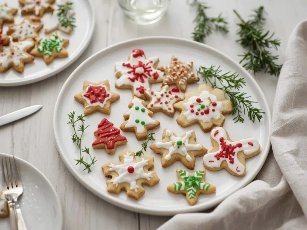 Sugar cookie stars, trees and snowflakes decorated with white, red and green royal icing