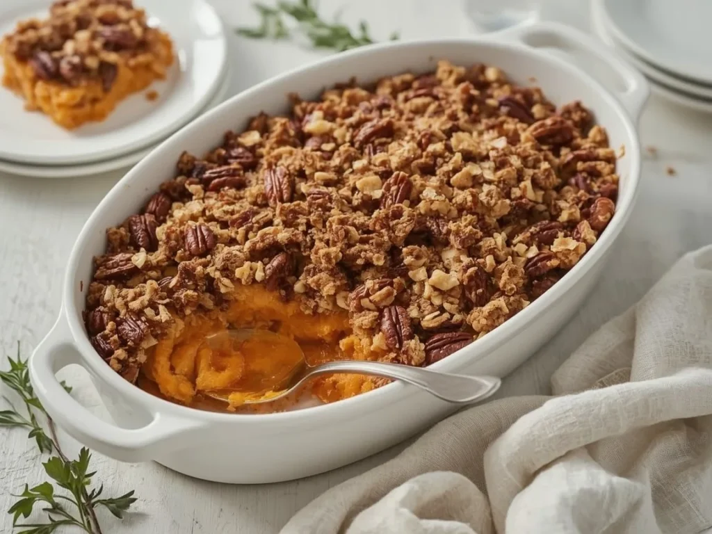 Sweet potato casserole with pecan streusel topping in a baking dish