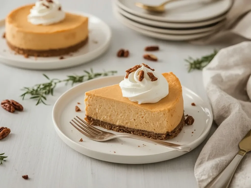 Sweet potato cheesecake topped with whipped cream and pecans
