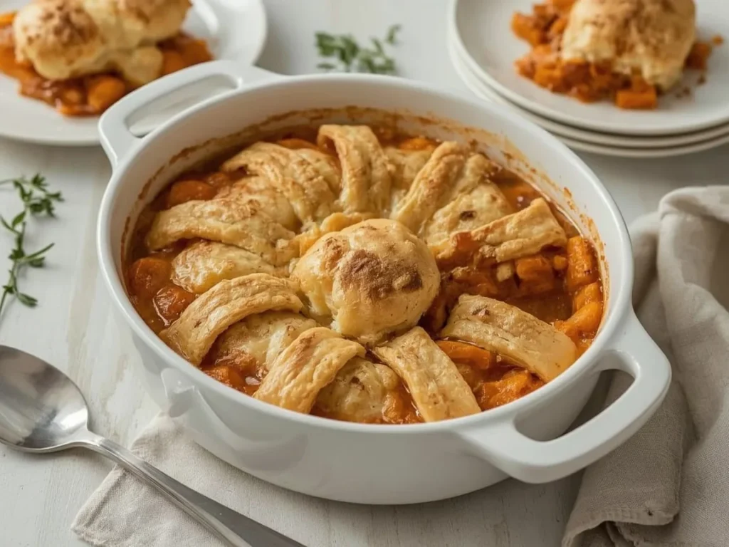 Sweet potato cobbler with golden pie crust strips