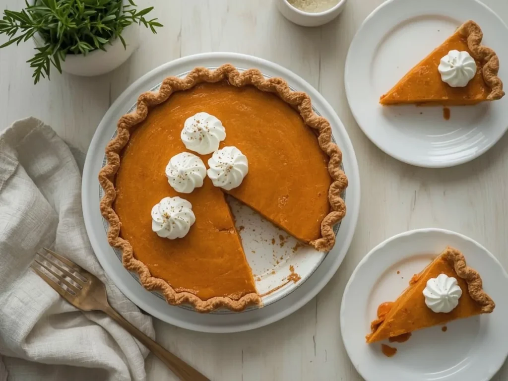 Sweet potato pie with whipped cream and a slice on a plate