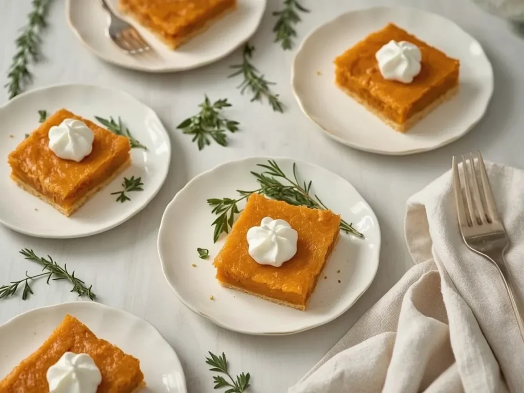 Sweet potato pie bars with whipped cream cut into squares