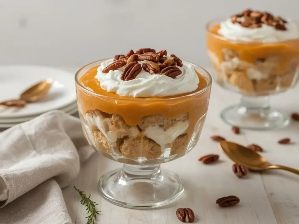 Sweet potato pie trifle with vanilla wafers and whipped cream