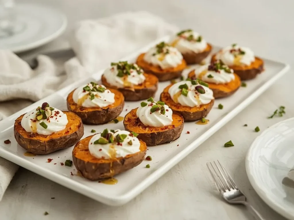 Roasted sweet potato rounds topped with whipped feta, hot honey and chopped pistachios
