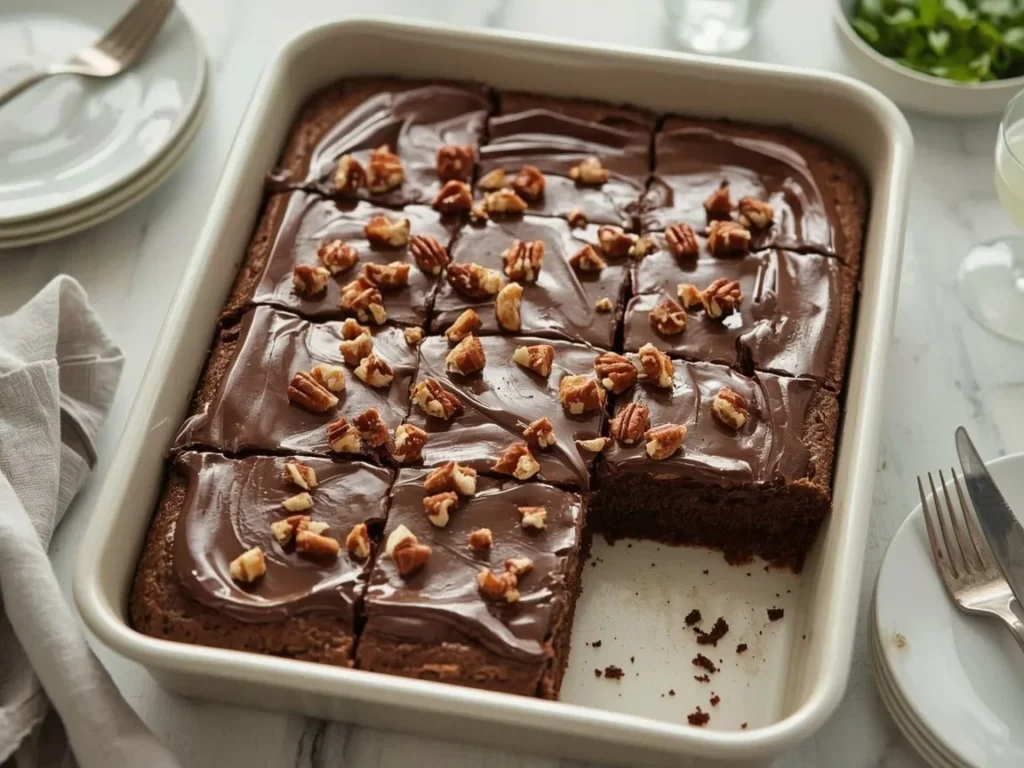 Texas chocolate sheet cake with pecans cut into squares