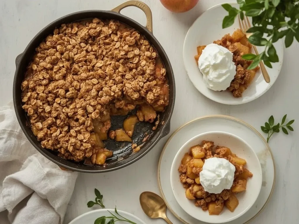 Apple crisp with crunchy oat topping and whipped cream