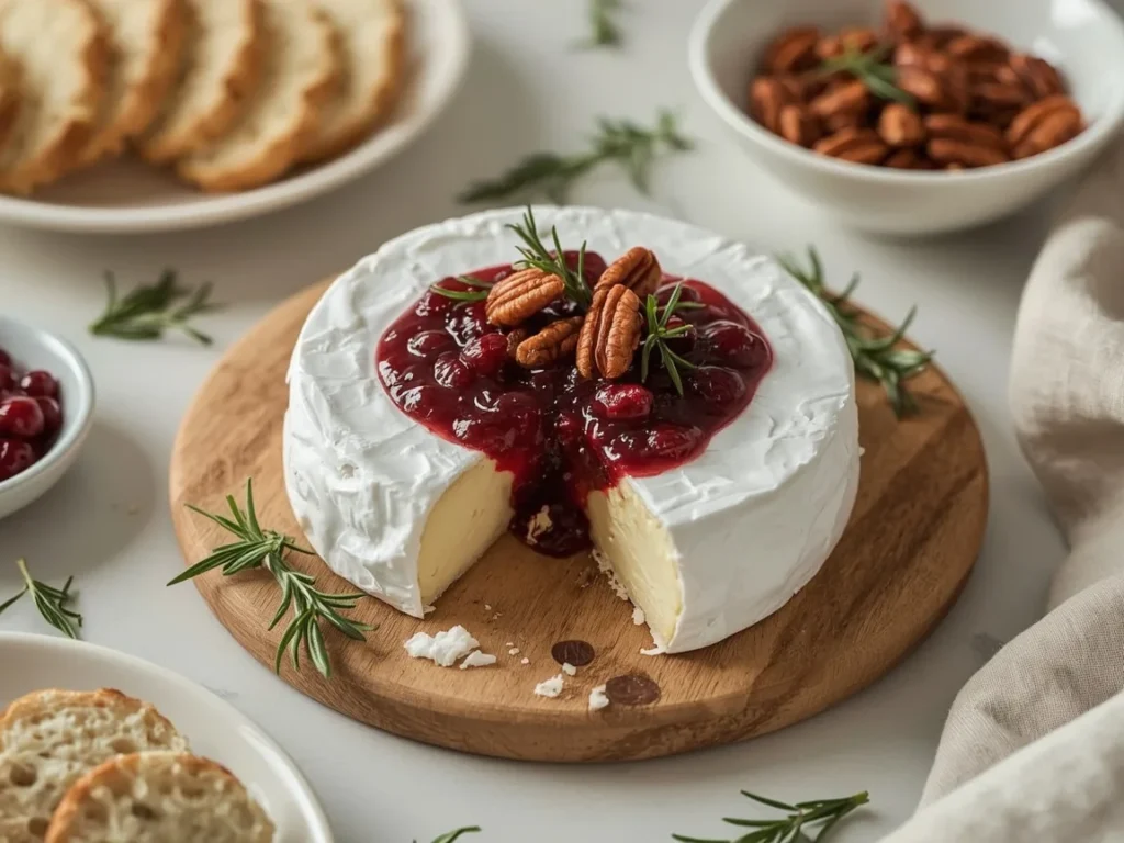 Baked brie with cranberry compote, pecans and rosemary