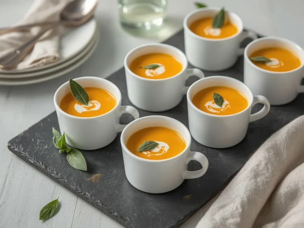 Butternut squash soup shooters with crème fraîche and crispy sage