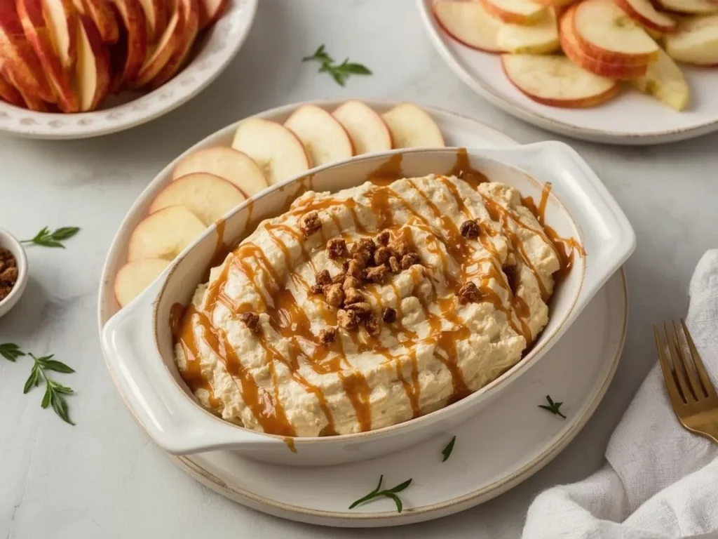 Caramel apple dip with toffee bits and apple slices