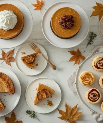 Thanksgiving cheesecakes including pumpkin, pecan pie, caramel apple and cranberry swirl
