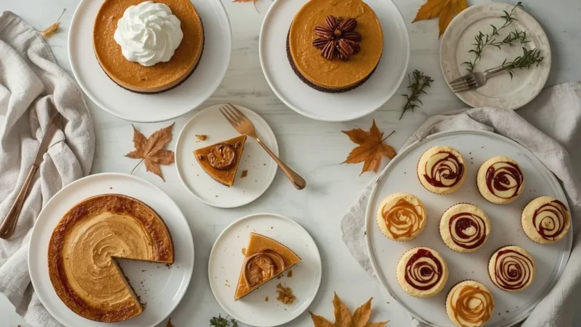 Thanksgiving cheesecakes including pumpkin, pecan pie, caramel apple and cranberry swirl