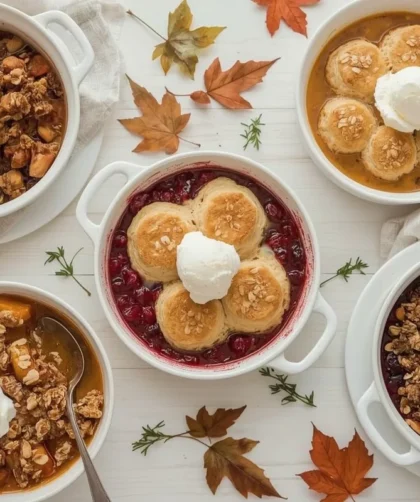 Thanksgiving cobblers and crisps including apple crisp, cranberry cobbler and pumpkin cobbler
