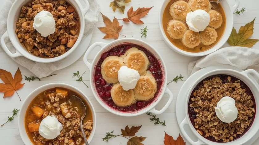 Thanksgiving cobblers and crisps including apple crisp, cranberry cobbler and pumpkin cobbler